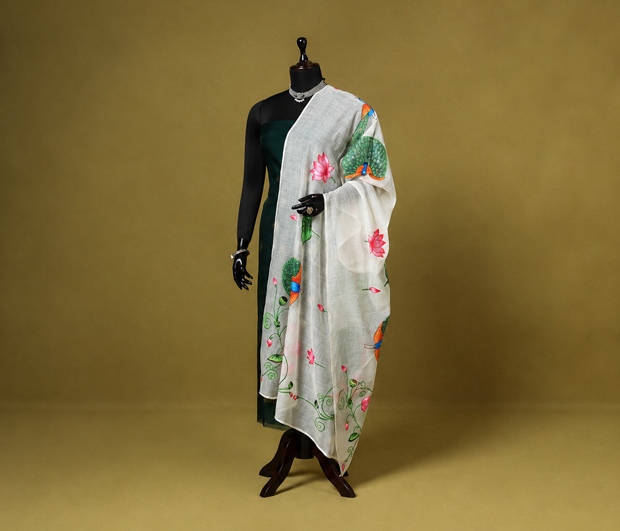 Hand-Painted Offwhite Dupatta with Royal Peacock & Lotus Art